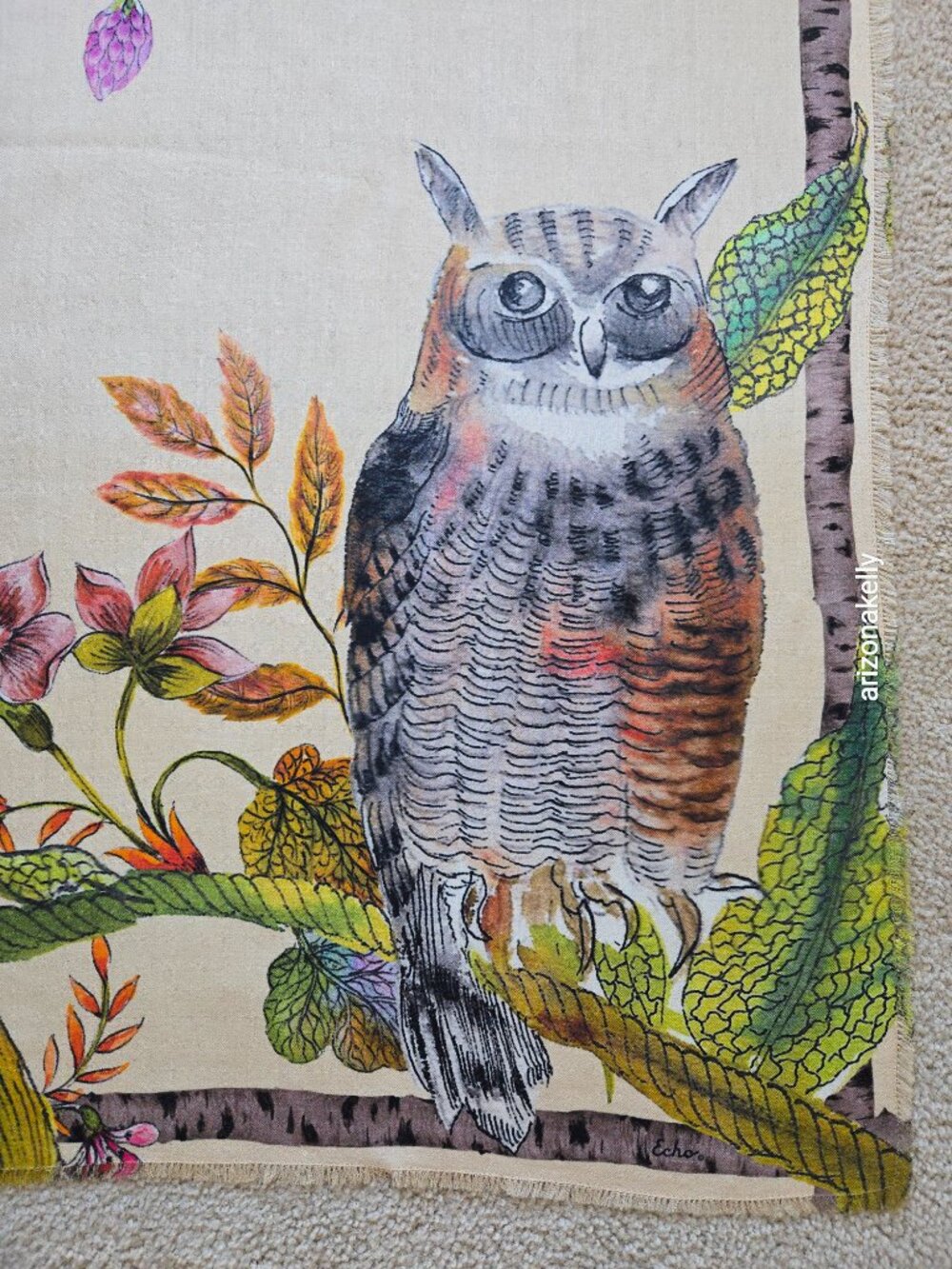 NWOT Echo Wool & Silk Large Square Scarf Owls Hoot Bird - Picture 3 of 9
